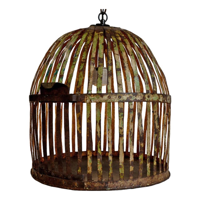 Industrial Rustic Vintage Iron Cage Pendant Light For Sale