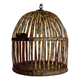 Vintage Industrial Rustic Iron Cage Pendant Light For Sale