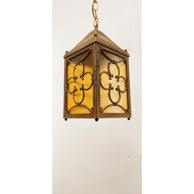 Brass Lantern Hanging Light in Amber Glass For Sale - Image 13 of 14
