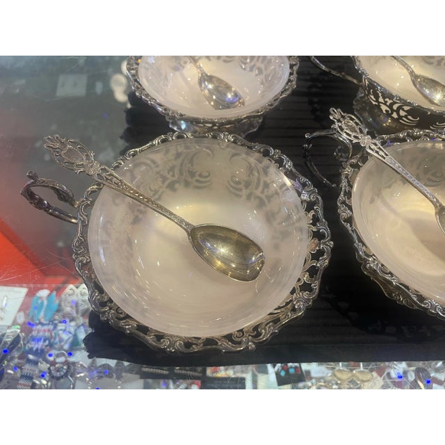 English Antique Set of 10 Sterling Silver Dessert Set With Spoons & Clambroth Inserts For Sale - Image 3 of 10