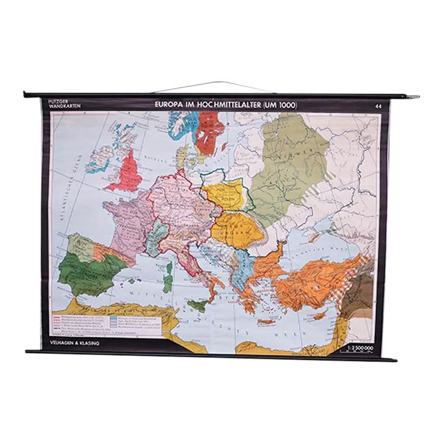 School Wall Map of Europe from Velhagen & Klasing, 1950s For Sale