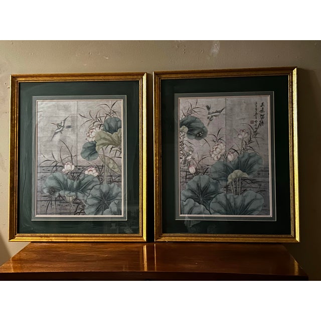 1990s Print of Chinese Screen With Lotus Blooms and Cranes by Japanese Artist Yuki - Set of 2 For Sale - Image 4 of 4