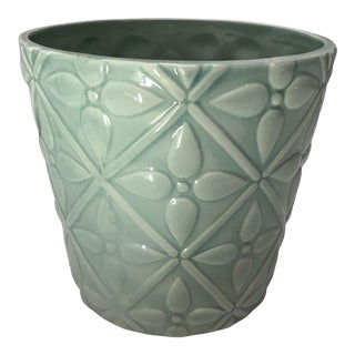 Vintage Ceramic Planter With Raised Surface Design in Mint Green. For Sale