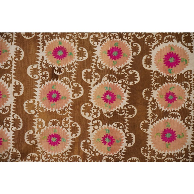 Decorative Suzani Embroidery | Brown Living Room Wall Hanging Bed Throw 6'1'' X 11'8'' For Sale In New York - Image 6 of 16