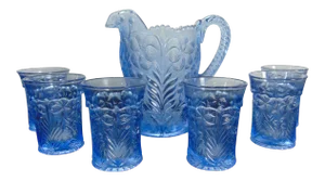 Smith Glass Blue Art Glass Water Pitcher & 6 Glasses