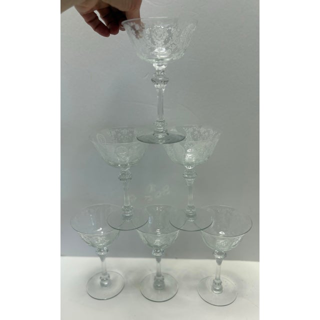 Mid 20th Century Mid 20th Century Tiffin June Night Etched Champagne Coupe Glasses – Elegant Floral Crystal Stemware - Set of 6 For Sale - Image 5 of 9
