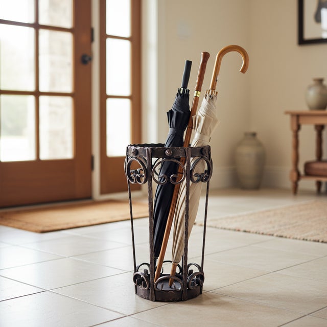 Rustic Hand Forged Iron Umbrella Stand (50cm) Antique Copper Scrollwork Design For Sale - Image 3 of 9