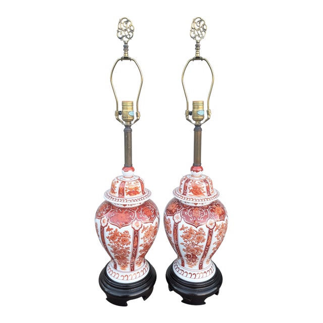 Pair of Vintage Porcelain Ginger Jar Table Lamps Wood Base 1950s Red Orange For Sale