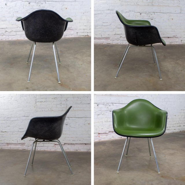 1971 MCM Eames Herman Miller Molded Fiberglass Shell Armchair Upholstered Green Naugahyde Galvanized H Base For Sale - Image 16 of 18