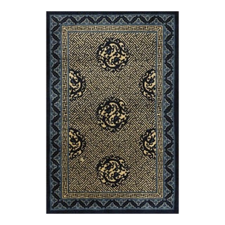 1920s Blue Medallion Antique Chinese Peking Dragon Greek Key Knotted Wool Rug For Sale