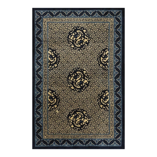 1920s Blue Medallion Antique Chinese Peking Dragon Greek Key Knotted Wool Rug For Sale