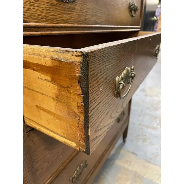 Wood Early 1900's Hand Carved Antique Tiger Oak Mirrored Dresser, Five Drawers, Original For Sale - Image 7 of 10