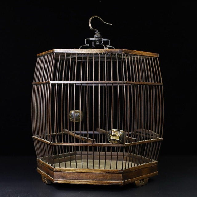 Brown Vintage Chinese Huali Rosewood Hexagonal Bird Cage With Gemstone Inlays and Bronze Hook For Sale - Image 8 of 9