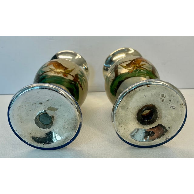Silver Pair of Mid 19th Century Antique Hunting Theme Mercury Glass Vases For Sale - Image 8 of 12