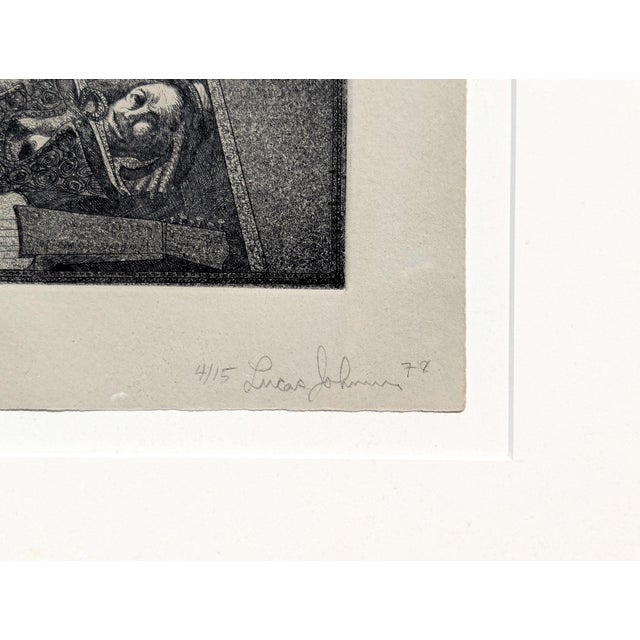 Lucas Johnson Modern Black & White Surrealist Etching of a Figure & Guitar in a Grave Ed. 4/15, 1978 For Sale - Image 12 of 12