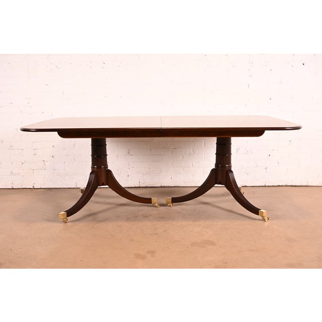 Baker Furniture Stately Homes Georgian Banded Mahogany Double Pedestal Extension Dining Table | Newly Refinished For Sale - Image 10 of 14