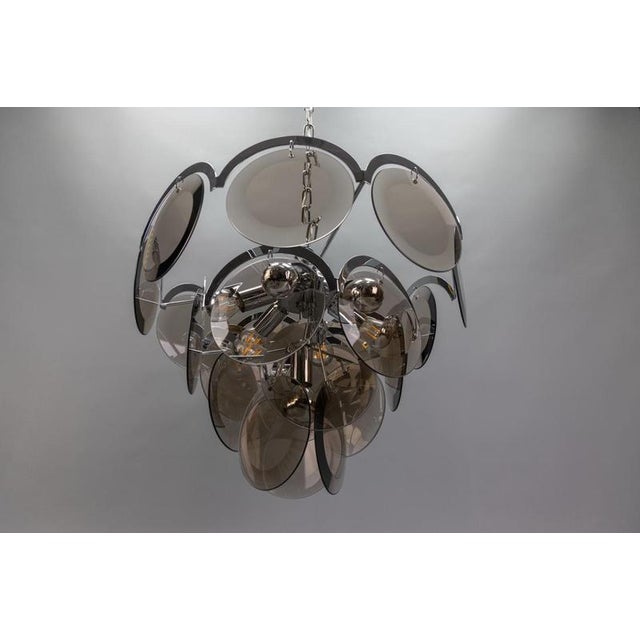 Smoked Glass and Chromed Metal Seven-Light Pendant Chandelier, 1970s For Sale - Image 6 of 18