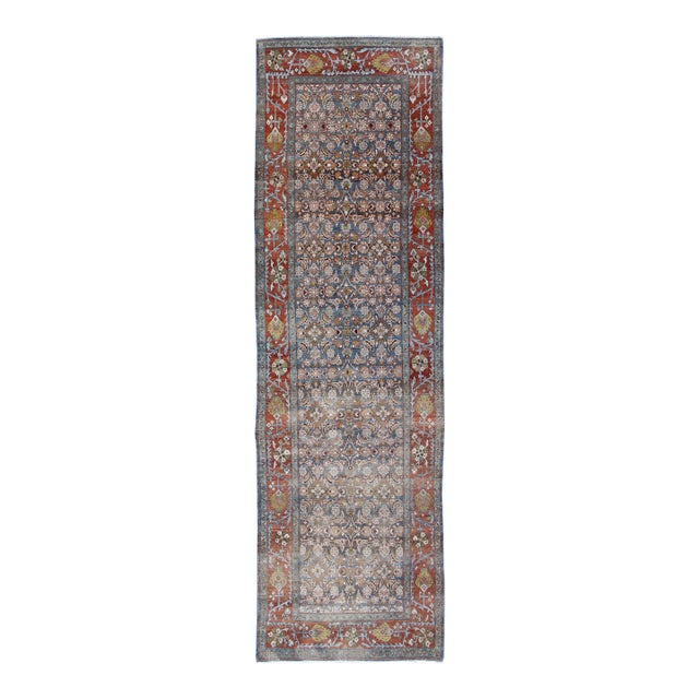 Antique Persian Malayer Gallery Runner With Allover Floral Motifs in Faded Blue For Sale