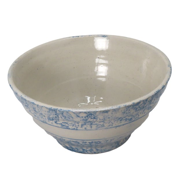 American Antique American Blue Spongeware Decorated Stoneware 10 Inch Kitchen Mixing Bowl For Sale - Image 3 of 13