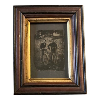 19th Century Photo Tintype 2 Men With Their Bikes Period Frame For Sale