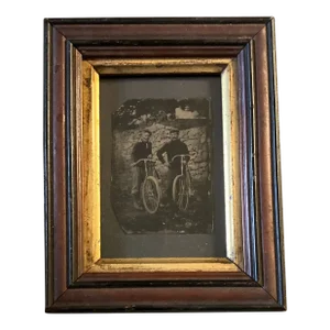 19th Century Photo Tintype 2 Men With Their Bikes Period Frame