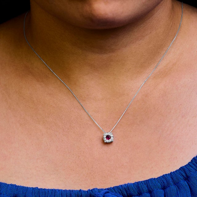 Haus of Brilliance 14K White Gold Red Ruby and 1/3 Cttw Diamond Halo Pendant Necklace For Sale - Image 4 of 5