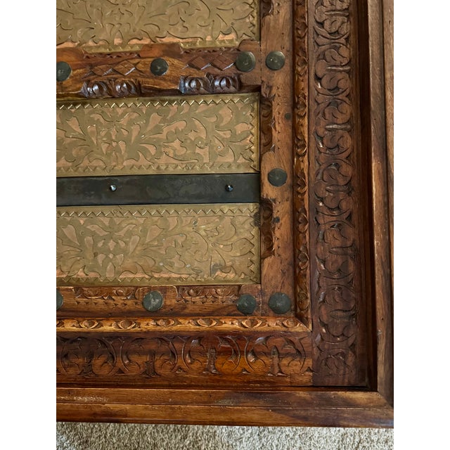 Indian 19th Century Reclaimed Indian Door Coffee Table | Hand-Carved Sheesham & Embossed Brass For Sale - Image 3 of 10