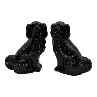 Antique Staffordshire Jackfield Black Spaniel Dogs Pair Gold Gilt c.1900 10.5” For Sale