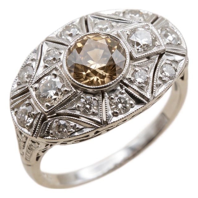 Antique Art Deco 14k White Gold Old European Halo Diamond Ring, Size 6.5 For Sale