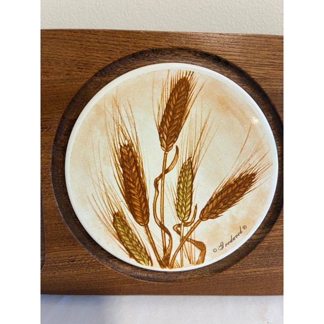 1970s Vintage Goodwood Teak and Ceramic Tile Serving Tray, Wheat Motif, Japan For Sale - Image 5 of 10