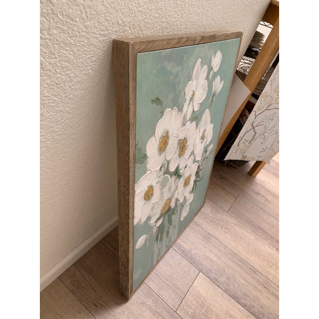 Soft sweet large format giclee framed wall print of large textured white flowers against an aqua background and framed in...