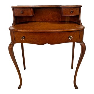 1920s Antique Bedroom Desk French Art Deco Birds Eye Maple Three Drawers Shelf Petite For Sale
