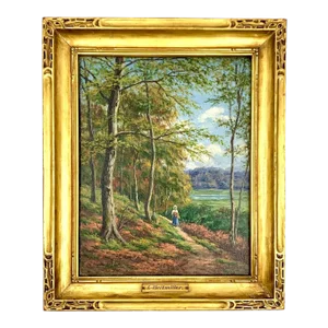 Antique Oil Painting of a Lady in the Forest Trail, Signed and Framed