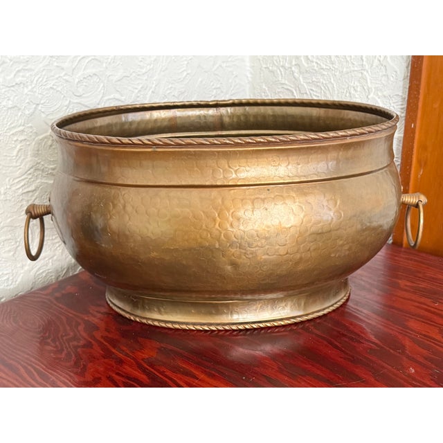 Large Vintage Hammered Brass Cauldron Planter With Rope Twist Rim For Sale - Image 6 of 6