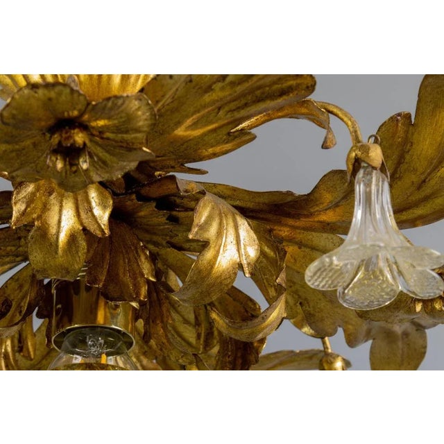 Italian Hollywood Regency Gilt Metal and Glass Flower Ceiling Light, 1970s For Sale - Image 14 of 18