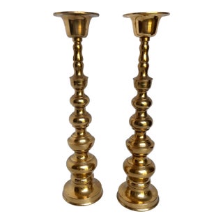 Mid 20th Century Brass Bubbled Tiered Candle Holders - A Pair For Sale