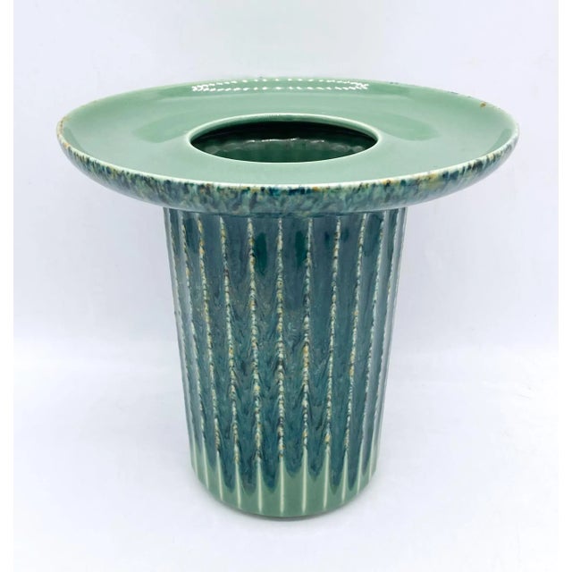 Mid Century Modern Ribbed Green-Blue Vase For Sale - Image 10 of 12