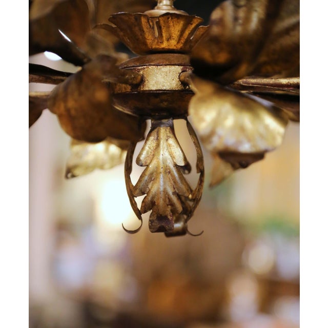 Mid-Century Italian Gilt Tole Six-Light Floral Chandelier For Sale - Image 10 of 11