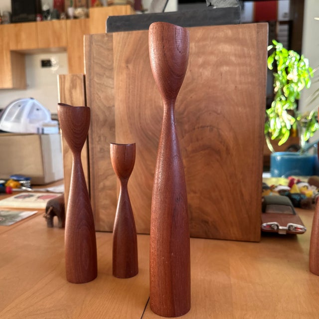 Midcentury Modern Danish Teak Tulip Candlesticks- Set of 3 For Sale In Phoenix - Image 6 of 7
