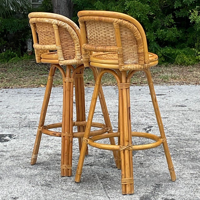 Vintage Coastal Woven Rattan Bar Stools - a Pair | Chairish