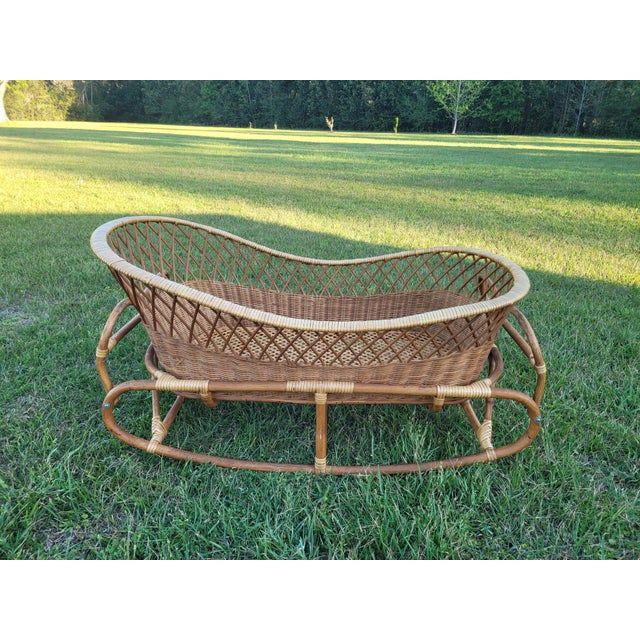 Mid 20th Century Boho Chic Wicker & Rattan Sleigh-Style Rocking Bassinet For Sale - Image 10 of 11