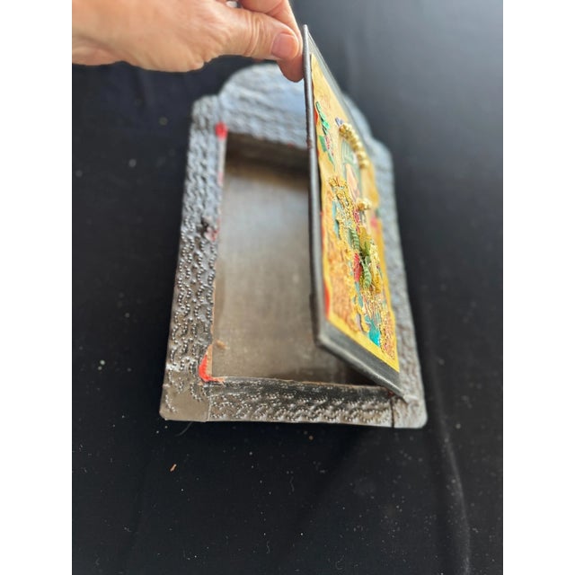 Mexican Mexican Devotional Nicho With Black Arched Pressed Tin Frame For Sale - Image 3 of 4
