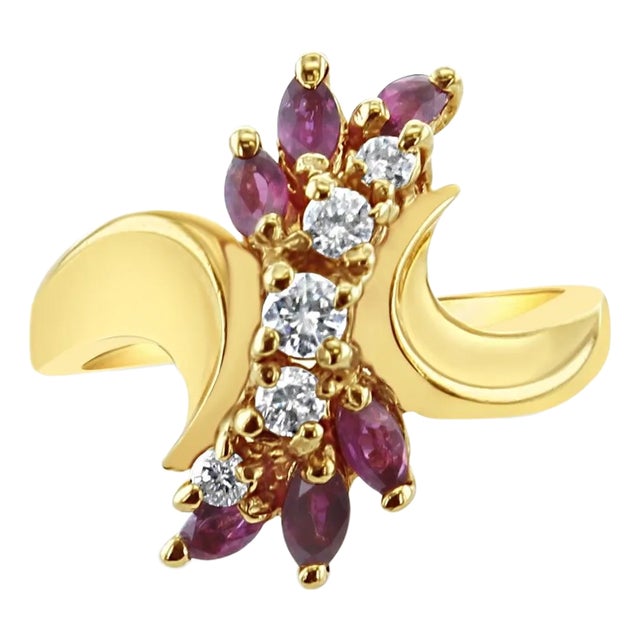 Marquise Ruby & Diamond Vertical Cluster Ring 14k Yellow Gold, Size 8 For Sale