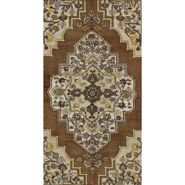 Mocha brown, chartreuse vintage Turkish Oushak rug with ornate floral medallion, Keivan Woven Arts / rug tu-TRS-3473,...