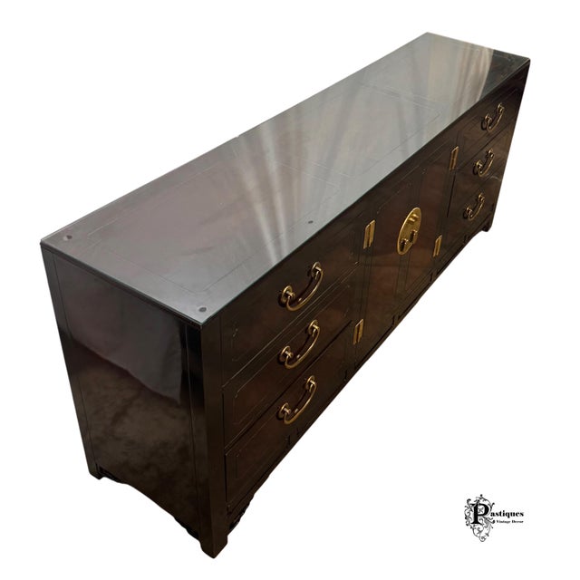 Brown Vintage Hickory White Chinoiserie Style Burl Wood & Lacquer Dresser & Mirror For Sale - Image 8 of 12