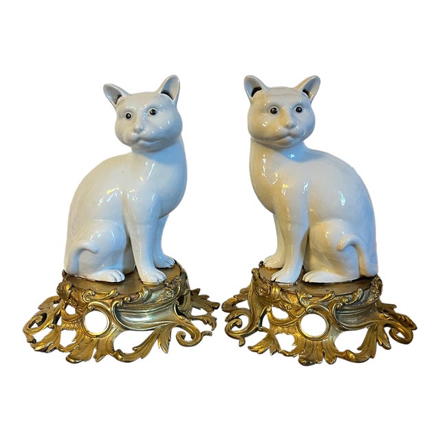 Antique 19th Century Japanese Blanc De Chine Models of Seated Cats Mounted on French Gilt Bronze Ormolu Bases - A Pair For Sale