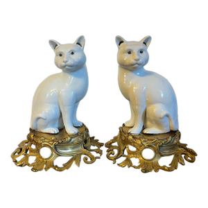 Antique 19th Century Japanese Blanc De Chine Models of Seated Cats Mounted on French Gilt Bronze Ormolu Bases - A Pair