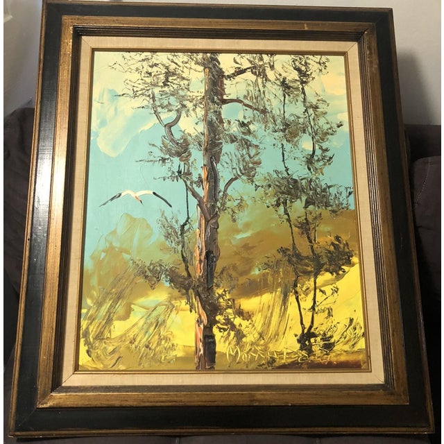 Wood 1976 Mid-Century Modern Morris Katz Original Impasto Bird Landscape Painting For Sale - Image 7 of 10