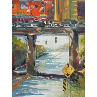Low Clearance by Peggy McGivern | Oil on Panel Painting of a low bridge with a traffic signal and sign For Sale
