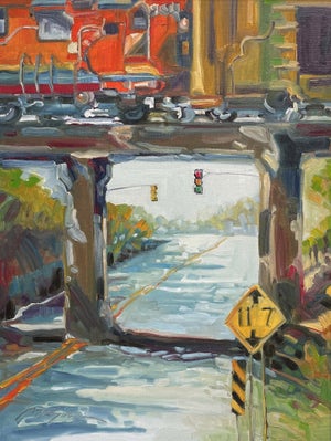 Low Clearance by Peggy McGivern | Oil on Panel Painting of a low bridge with a traffic signal and sign